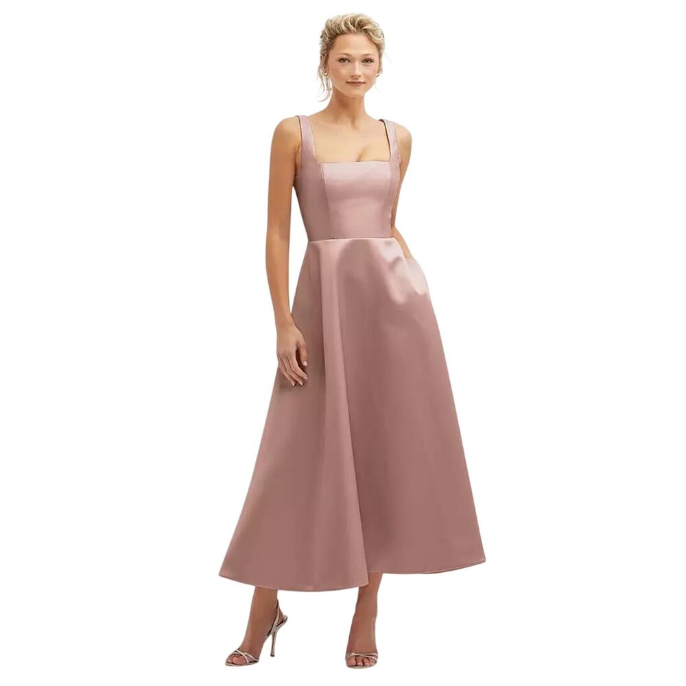 Dessy Collection Women Nude Satin Square Neck Full Skirt Midi Dress Size 16R